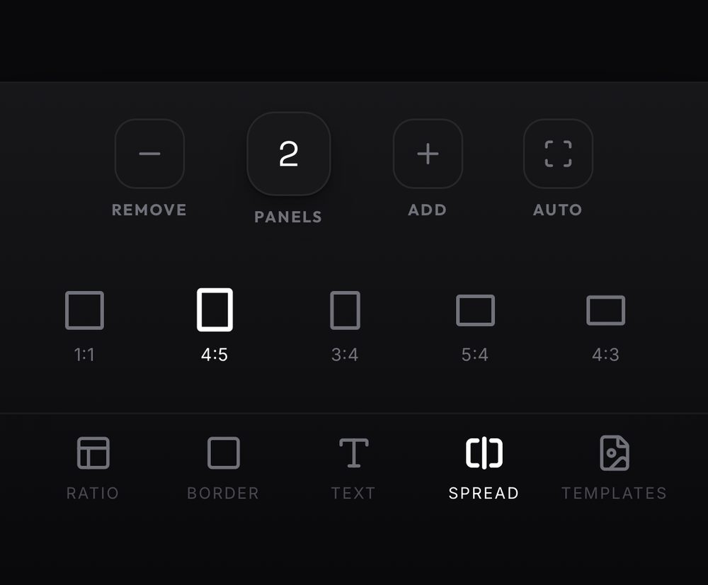 Spread controls with the panel count and the 4:5 shape highlighted