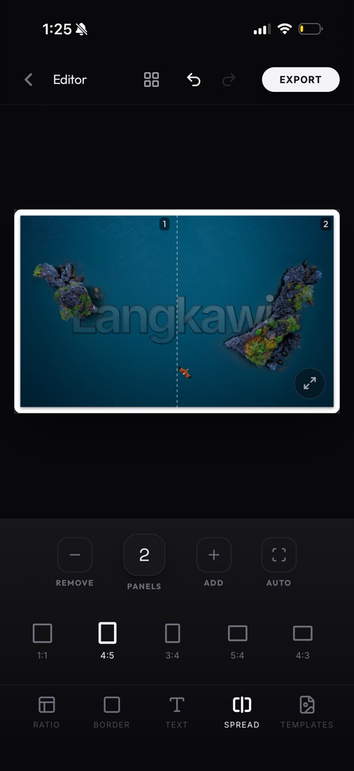 The layrd editor with the Spread tool highlighted in the bottom bar